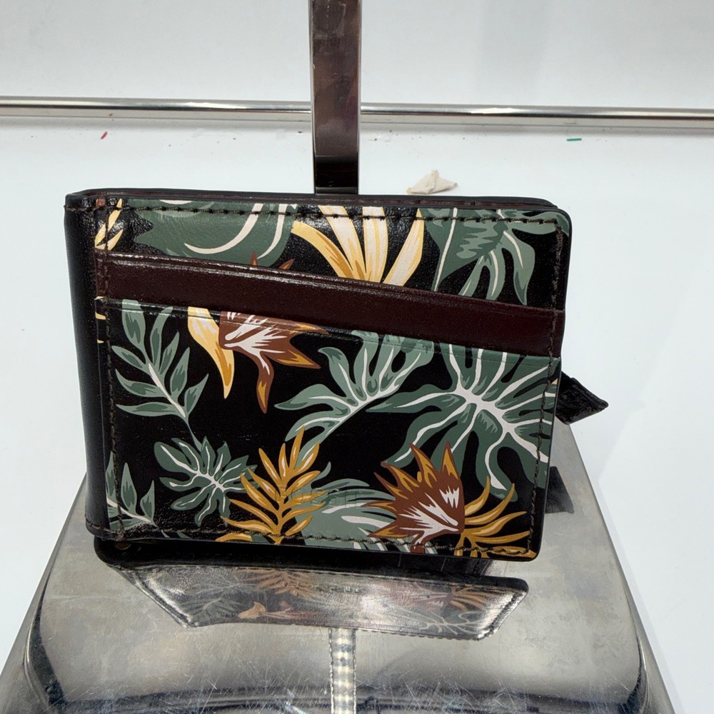 Fossil Mens Leather Bifold Money Clip Wallet Tropical Floral Print Black Brown